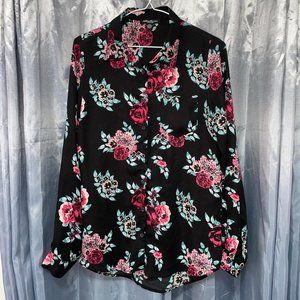 STREETWEAR SOCIETY Black & Pink Rose Floral Button-Down Collared Blouse Sz M